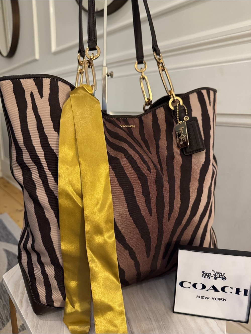 Coach Bag Madison Brown Tan Zebra-Print Large Canvas Tote with Leather Trim